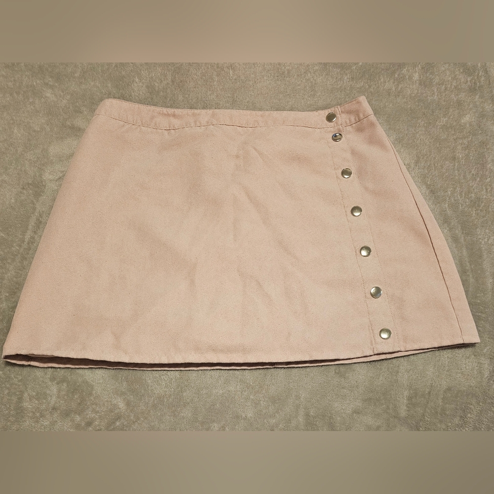 Divided Pink Mini Skirt with Button Accents Faux Suede